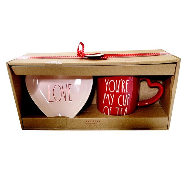 Rae Dunn Red Pink Heart Plate Mug Valentines Day Youre My Cup of Tea Ceramic Set - Picture 1 of 8